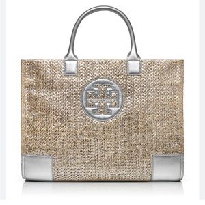 Tory Burch Ella Metallic Straw Tote Silver and Tan